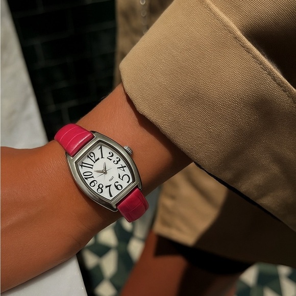 Pink Cuff Watch With Wide Metal Frame - Picture 2 of 11